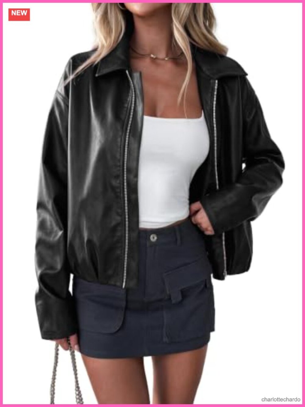 Faux Leather Cropped Motorcycle Jacket Zip Up Collared Fall Coat
